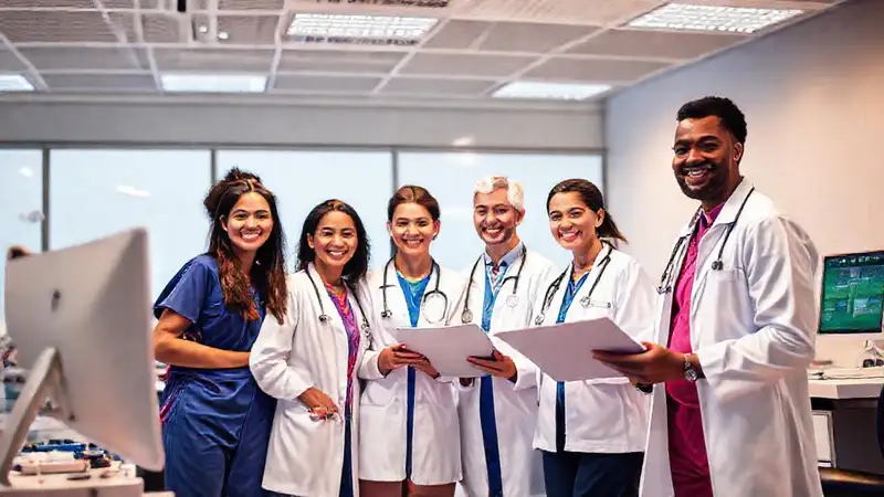 Profesionales de salud colaborando en clínica moderna