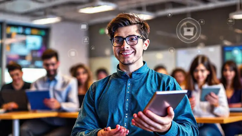 Estudiante de sociología en aula moderna digital