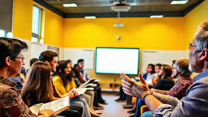 Estudiantes debaten sobre teología en seminario moderno