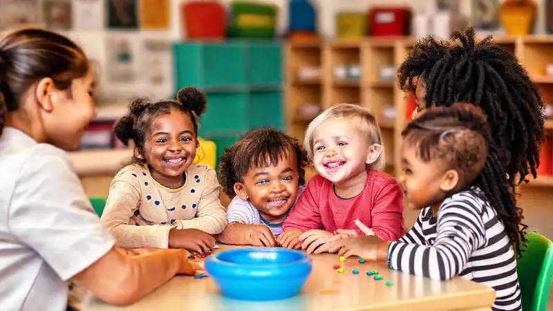 Niños diversos socializando en aula inclusiva feliz