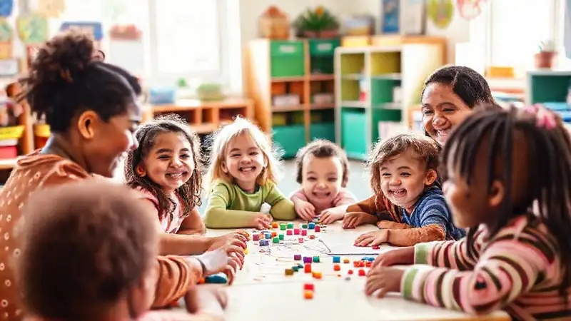 Niños felices y diversos en aula colorida
