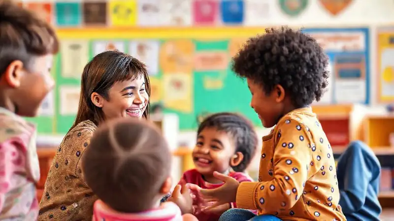 Maestra motivando colaboración en aula diversa