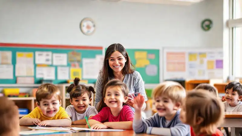 Maestra motivando a niños en aula colorida