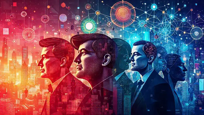 Pensadores modernos en un collage digital futurista