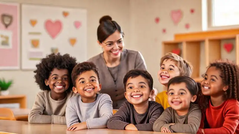Maestro guía niños en ambiente cálido y apoyador