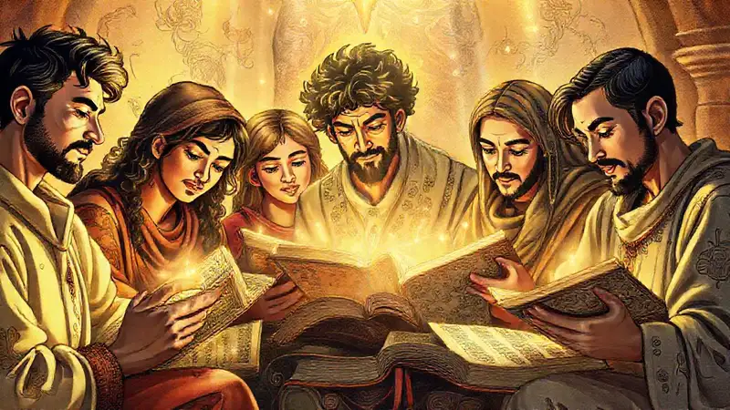 Estudiantes estudian juntos con libros antiguos