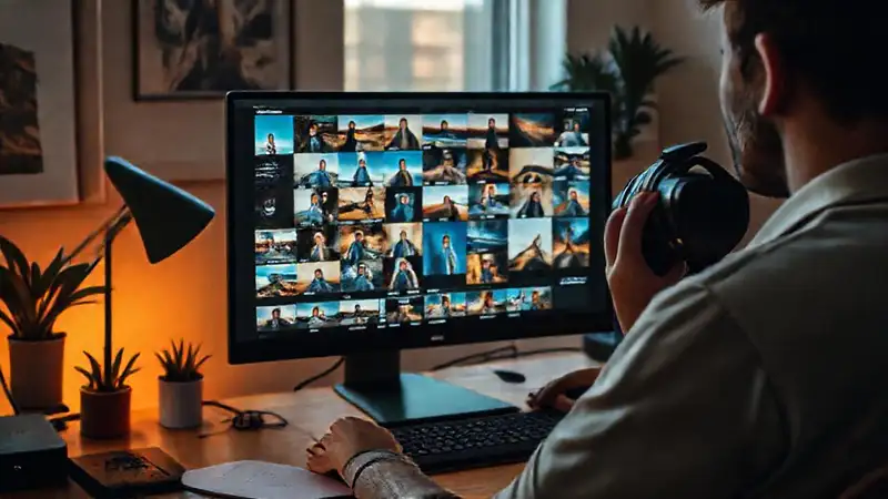 Fotógrafo editando fotos en un espacio creativo