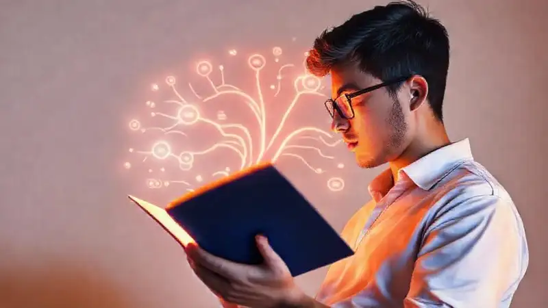 Estudiante estudiando psicología con mapa mental brillante