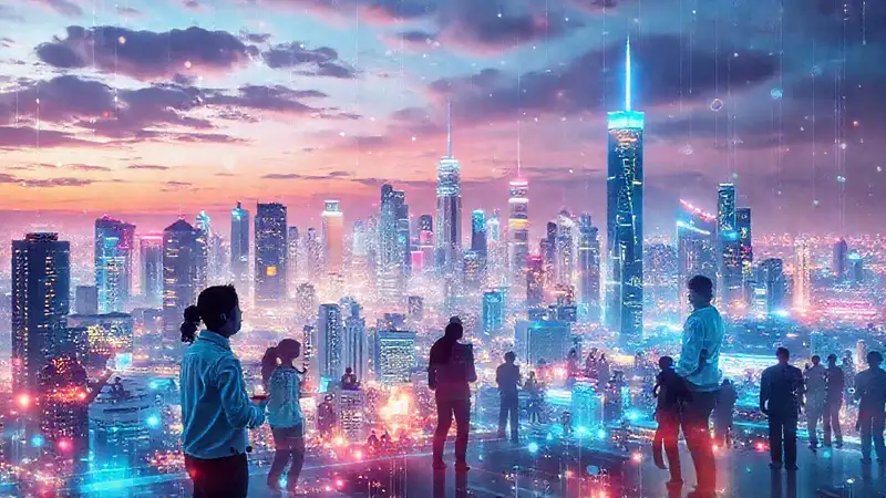Ciudad futurista con colaboración y tecnología brillante