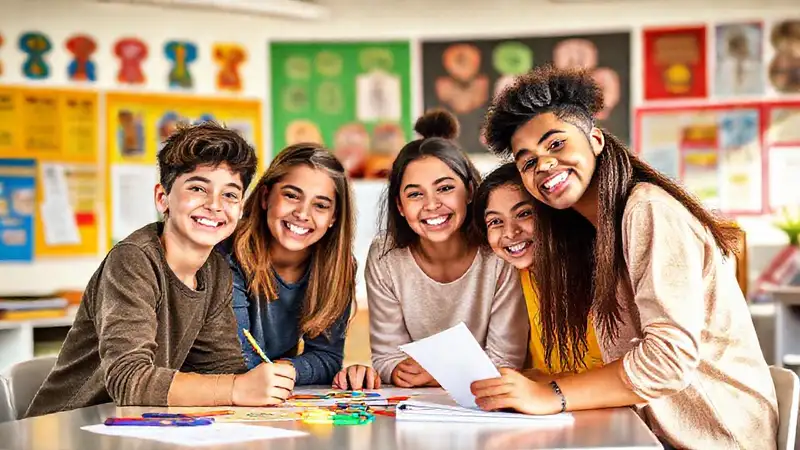 Estudiantes colaboran en aula colorida y dinámica
