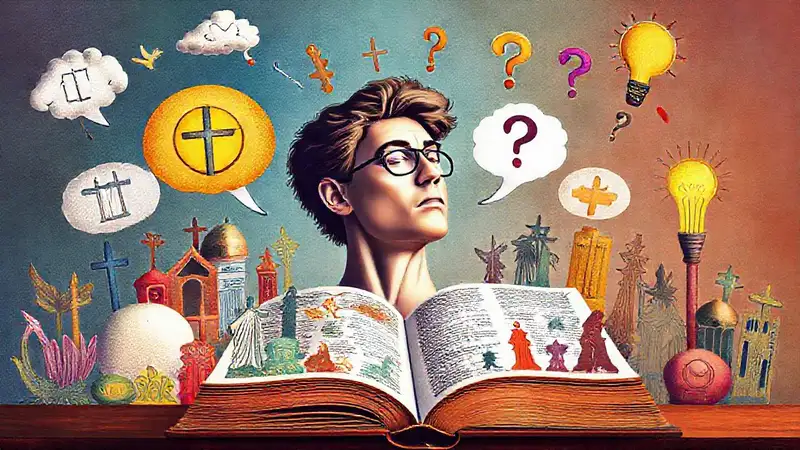 Símbolos religiosos, libro abierto y reflexión