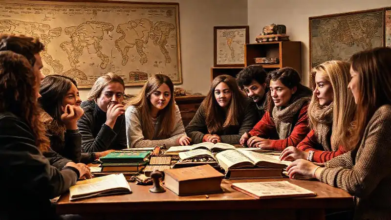 Estudiantes discuten con libros y mapas históricos