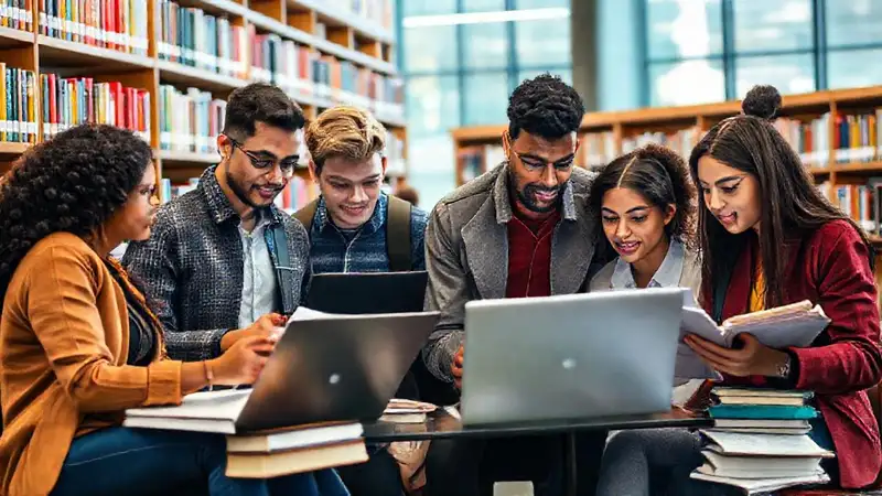 Estudiantes de sociología investigan en biblioteca moderna