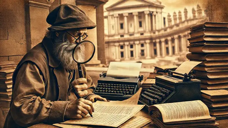 Historiador antiguo con documentos y libros antiguos