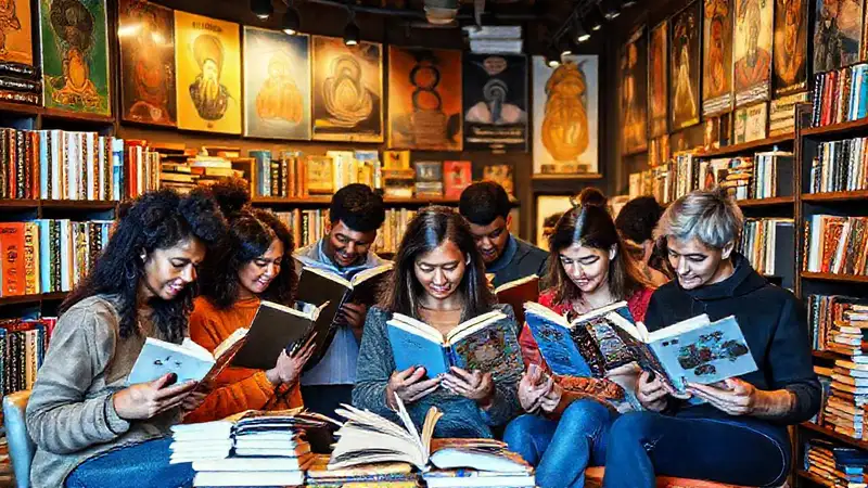 Personas diversas leyendo en librería vibrante