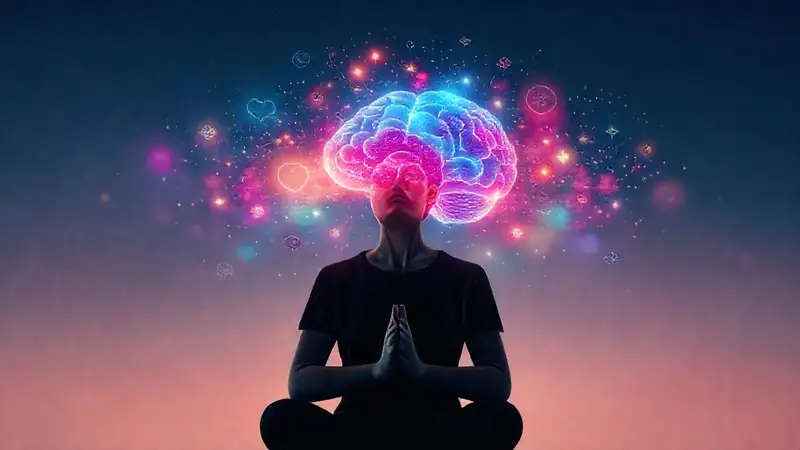 Persona pensando meditativa con cerebro brillante