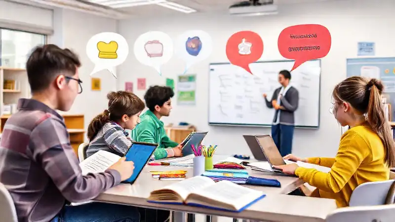 Estudiantes aprendiendo idiomas en aula moderna