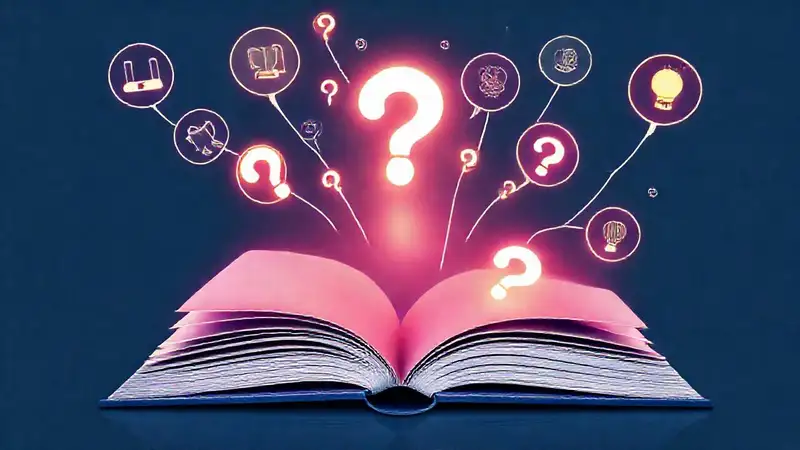 Libro abierto con signos de pregunta brillantes