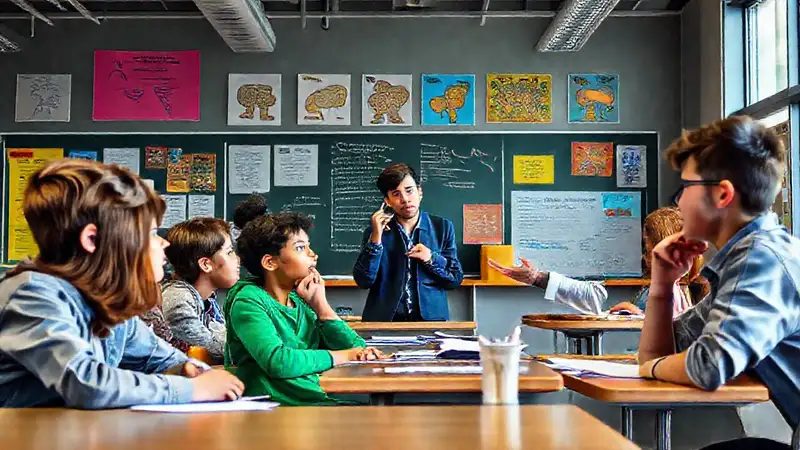 Estudiantes debaten en aula moderna y colorida
