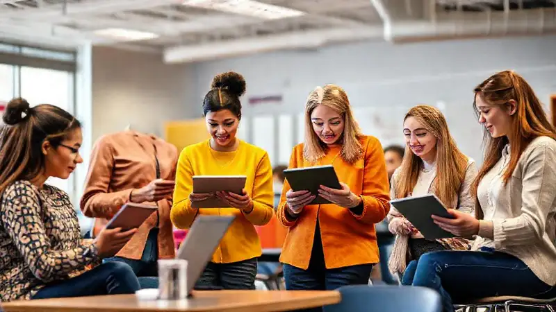 Docentes y estudiantes en aula digital moderna