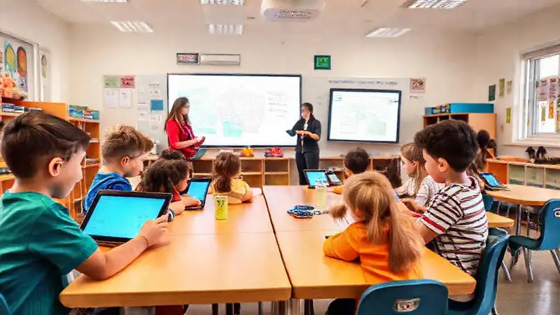 Aula moderna con docentes y tecnología interactiva