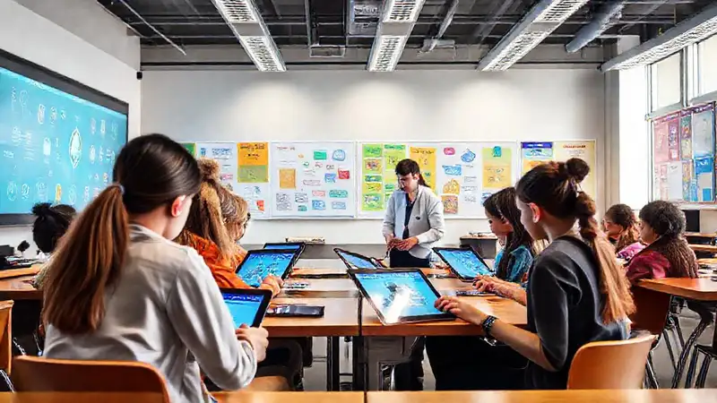 Estudiantes con tablets en aula moderna interactiva