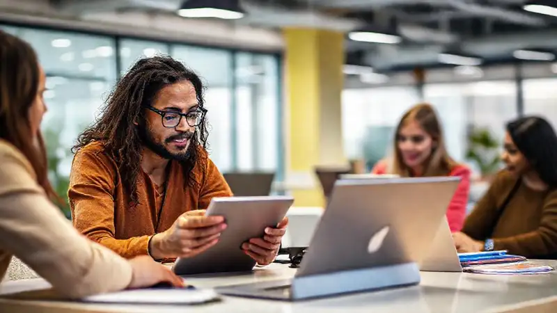 Antropólogos analizando tecnología en oficina moderna