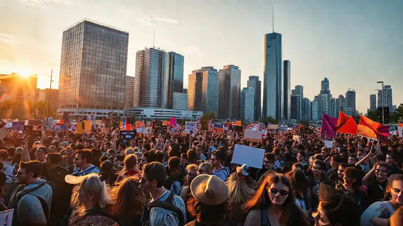 Multitud diversa protesta en ciudad vibrante