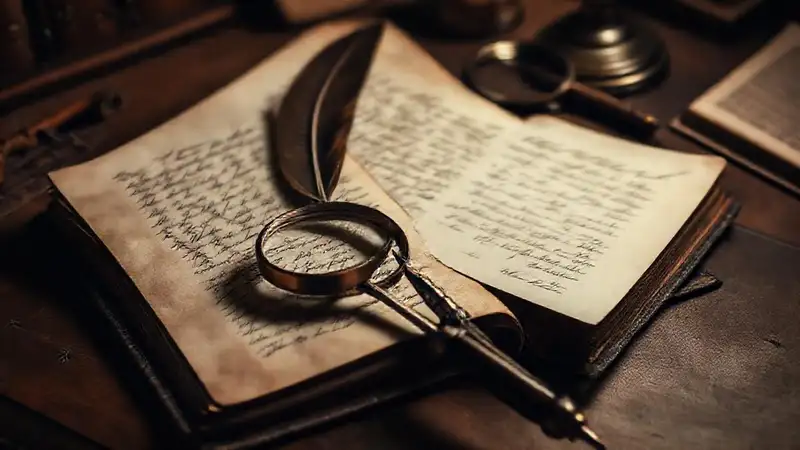 Documentos antiguos con pluma y lupa
