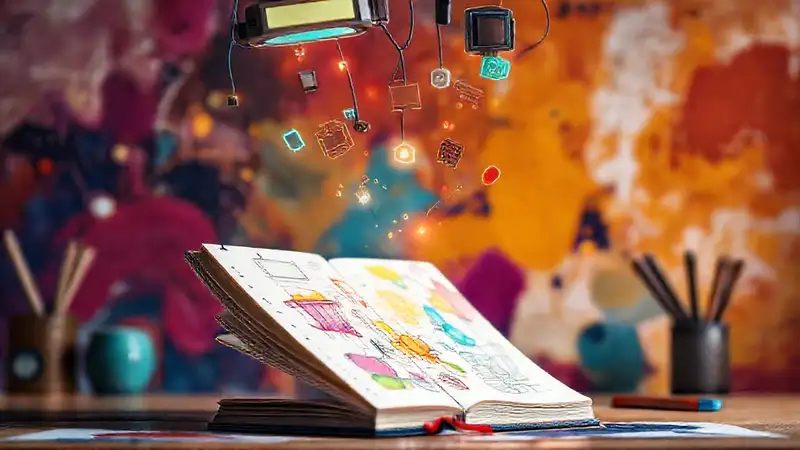 Cuaderno abierto con herramientas digitales creativas