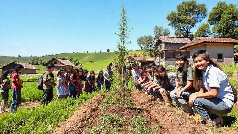 Comunidad rural planta árboles en campos verdes