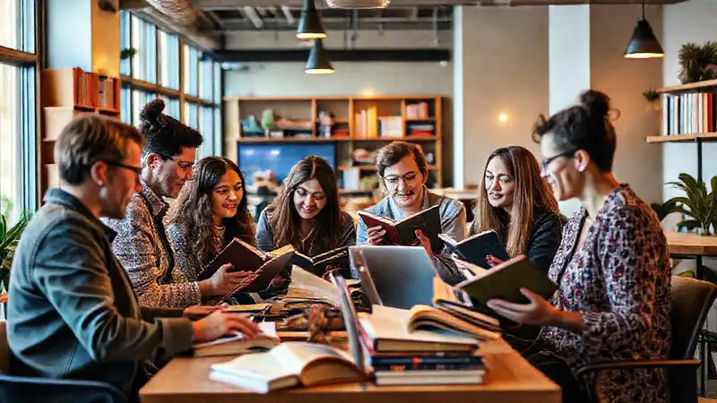 Autores colaborando en un entorno creativo y moderno