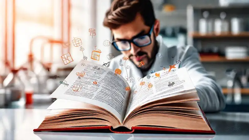 Libro abierto con símbolos lingüísticos y científico