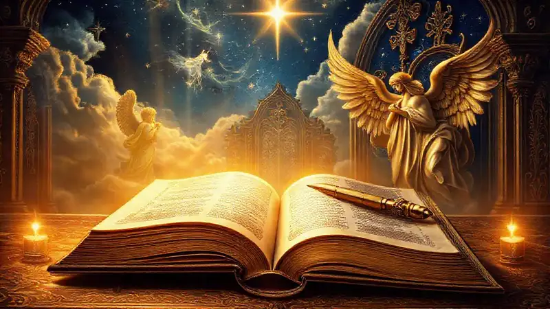 Biblia antigua luminosa con ángeles y arquitectura