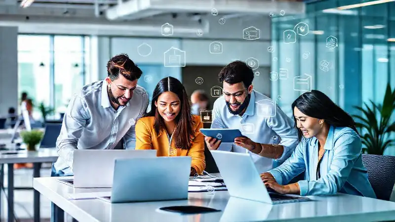 Espacio moderno con profesionales y herramientas digitales
