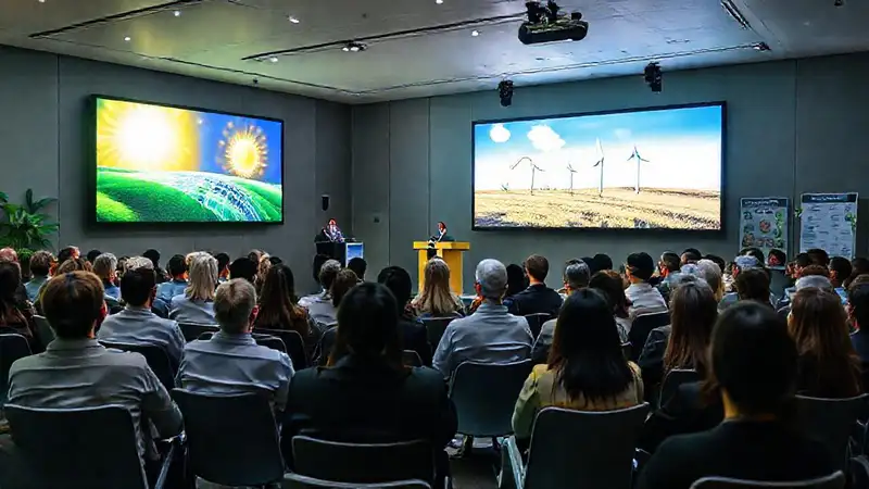 Sala moderna con conferencistas y temática ecológica