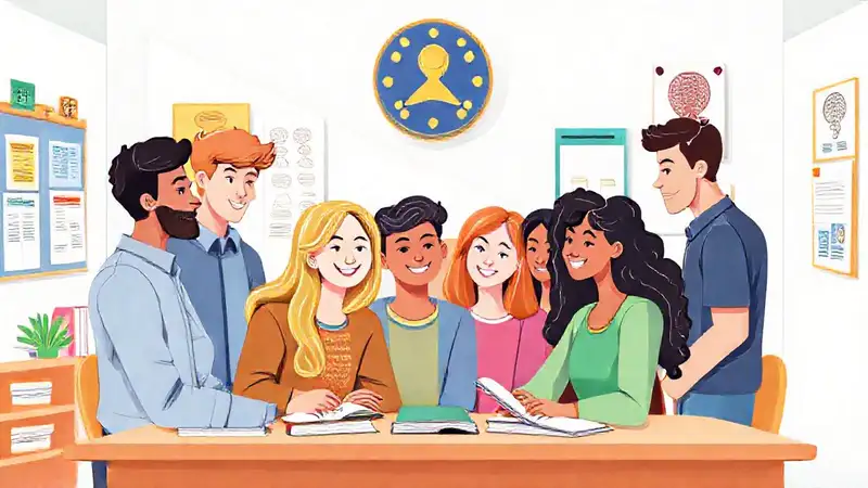 Estudiantes diversos colaborando en aula moderna