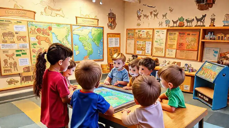 Niños aprendiendo historia con juegos y posters
