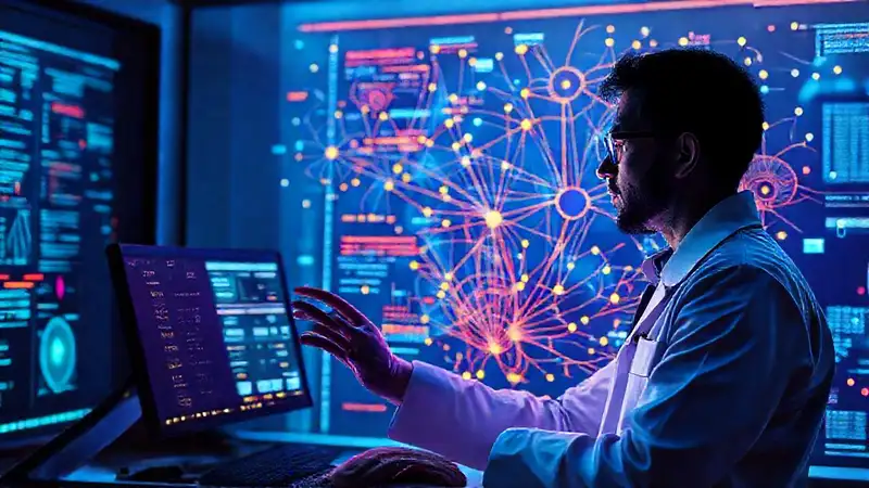 Científico analiza datos lingüísticos con tecnología avanzada