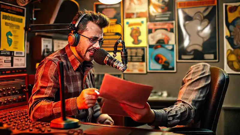 Locutor escribiendo guion en estudio vintage