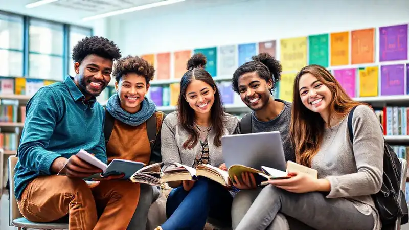 Estudiantes felices estudiando en biblioteca moderna