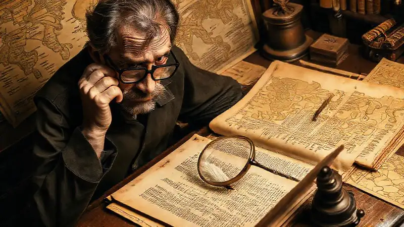 Historiador analizando antiguos documentos con lupa