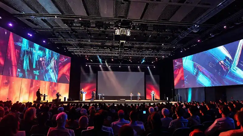 Escenario futurista con ponentes e inspiración