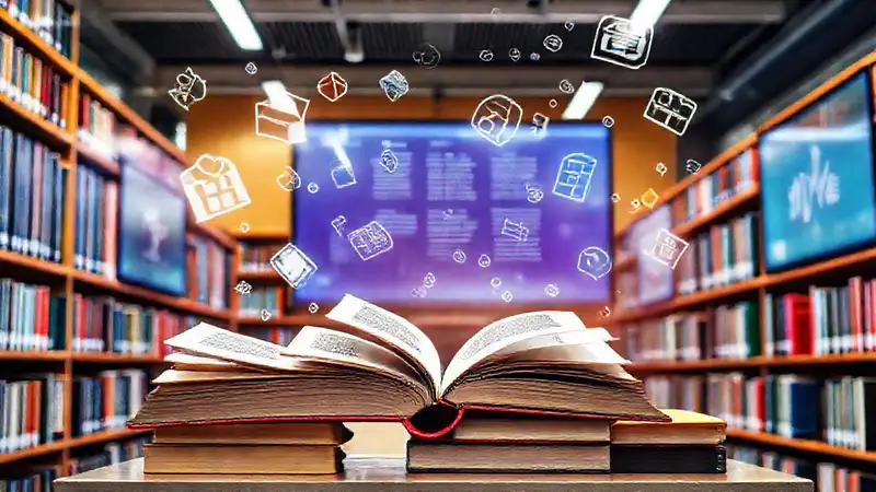 Biblioteca moderna con libros, pantallas y símbolos