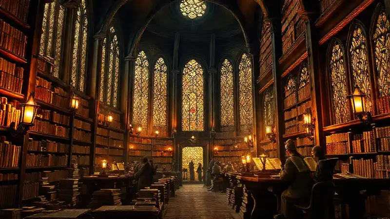 Biblioteca antigua con libros y luz cálida