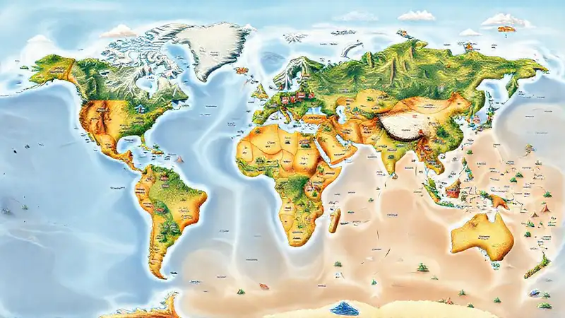 Mapa mundial con continentes y paisajes diversos