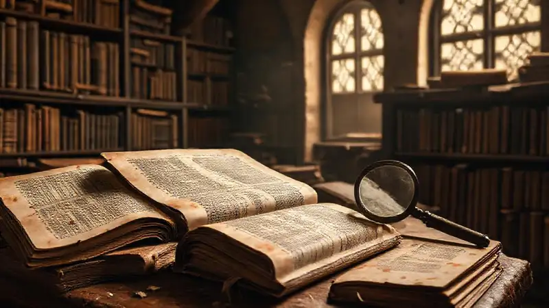 Biblioteca antigua con libros y herramientas de investigación