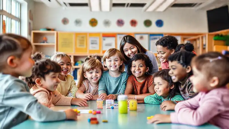 Niños diversos en aula inclusiva y alegre