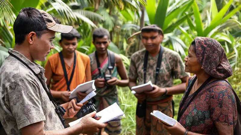 Estudiante interactúa con comunidad en campo tropical