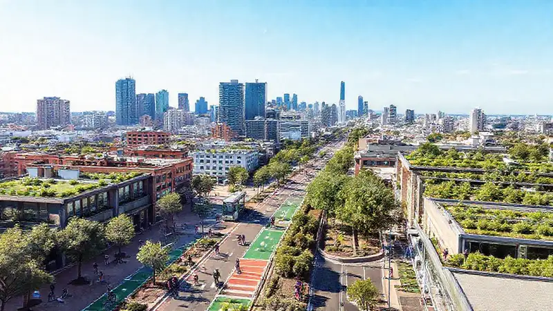 Ciudad moderna con transporte ecológico y verde